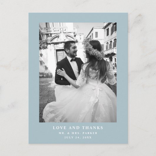 Poeder Blauw Tekst en Foto | Bruiloft dank u Briefkaart (Voorkant)