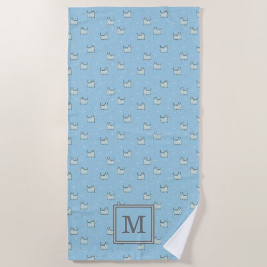 Poeder Blauw Whimsical Katten Patroon met Monogram Strandlaken (Voorkant)