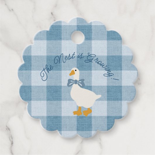 Poeder Blauwe Gingham Gans Het Nest Groeit Bedankjes Labels (Voorkant)