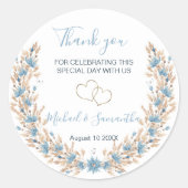 Poeder Blauwe Landvelden Bruiloft Ronde Sticker (Voorkant)