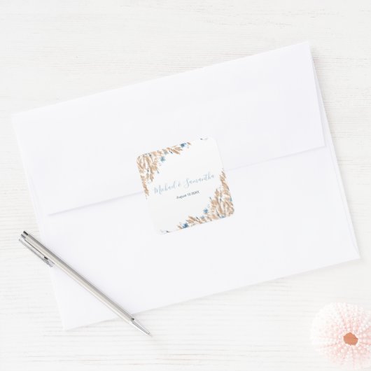 Poeder Blauwe Landvelden Bruiloft Vierkante Sticker (Envelop)