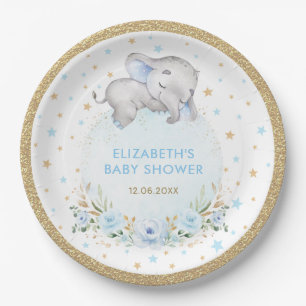 Poeder Blue Gold Rozen Elephant Baby Boy Shower Papieren Bordje