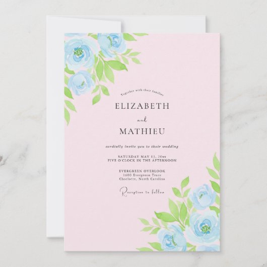 Poeder Roze Azure Bloemblad Bruiloft Kaart (Voorkant)