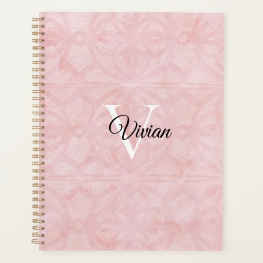 Poeder Roze Batik Elegant Monogram Naam Planner (Voorkant)