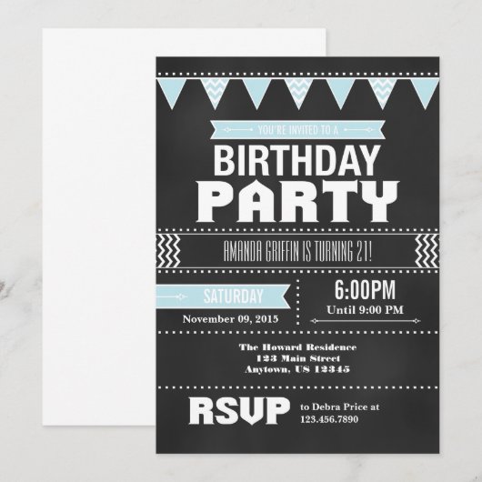 Poederblauw Chevron Krijtbord Verjaardag Uitnodigi Kaart (Voorkant / Achterkant)