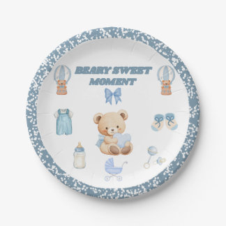 POEDERBLAUW CONFETTI 7" RONDE BEER JONGEN BABYSHOW PAPIEREN BORDJE