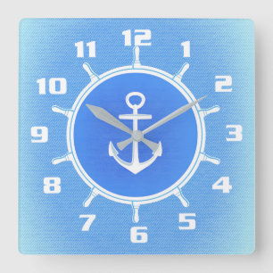 Poederblauw en wit nautisch anker en wiel vierkante klok