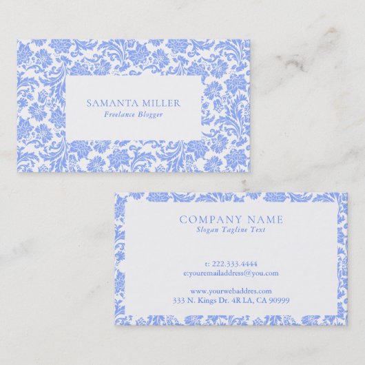 Poederblauw en witte bloemendamas patroon visitekaartje (Voorkant / Achterkant)