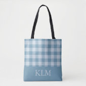 Poederblauw geruit monogram eigen naam tote bag (Voorkant)