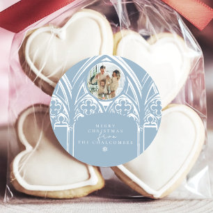 Poederblauw gotisch kasteel familie foto Kerstmis Ronde Sticker