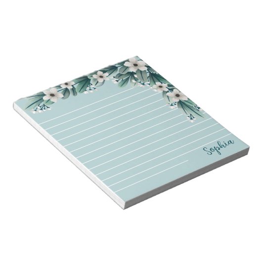 Poederblauw groen & witte bloemen gevoerd notitieblok (Schuin)