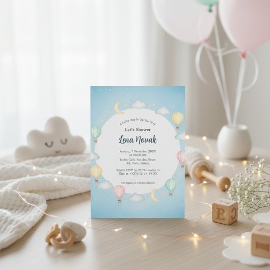 Poederblauw Hete Luchtballon Baby shower Uitnodigi Kaart