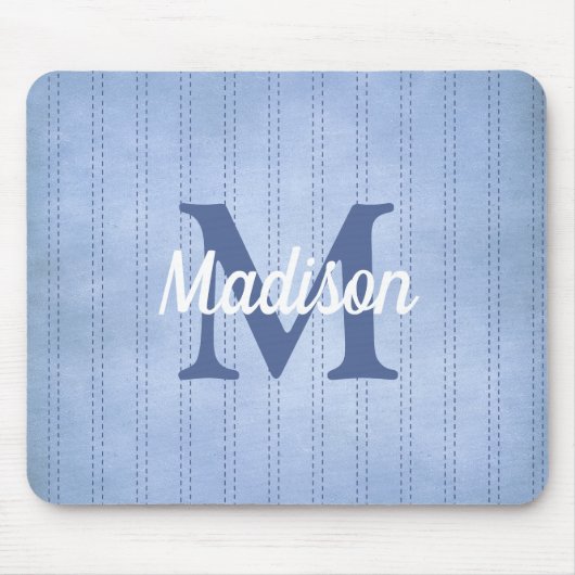 Poederblauw  krijtstreep Retro Monogram Muismat (Voorkant)