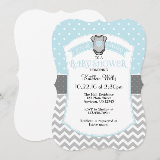Poederblauw Polka Dot Chevron Baby shower Uitnodig Kaart (Voorkant / Achterkant)
