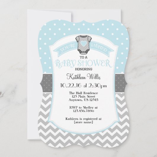 Poederblauw Polka Dot Chevron Baby shower Uitnodig Kaart (Voorkant)