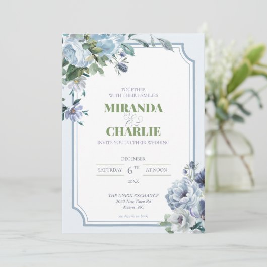 Poederblauw Winter Huwelijksuitnodiging Kaart (Staand voorkant)