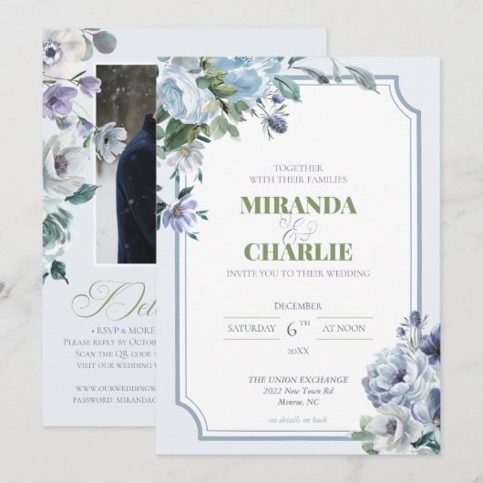 Poederblauw Winter Huwelijksuitnodiging Kaart (Voorkant / Achterkant)