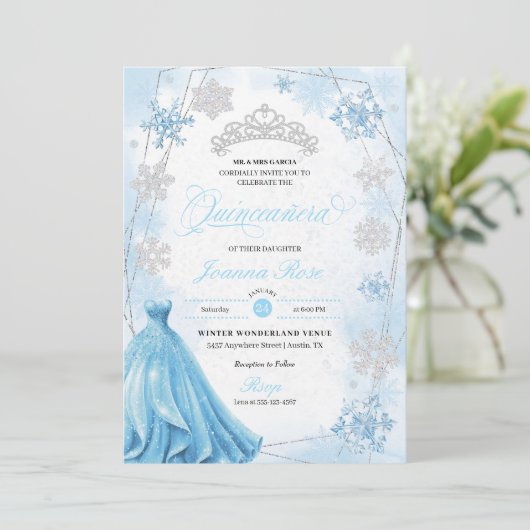 Poederblauw Winter Wonderland Quinceanera Kaart (Staand voorkant)