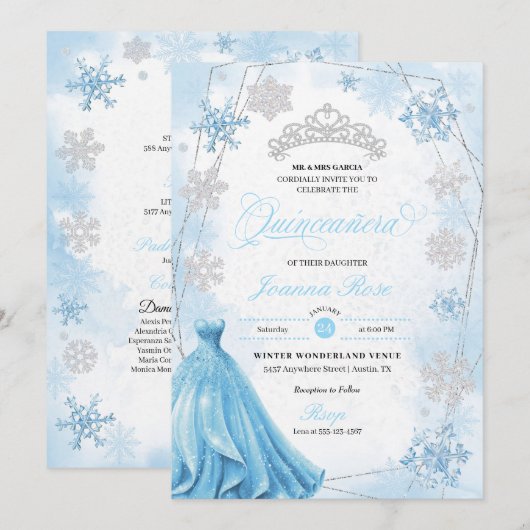 Poederblauw Winter Wonderland Quinceanera Kaart (Voorkant / Achterkant)