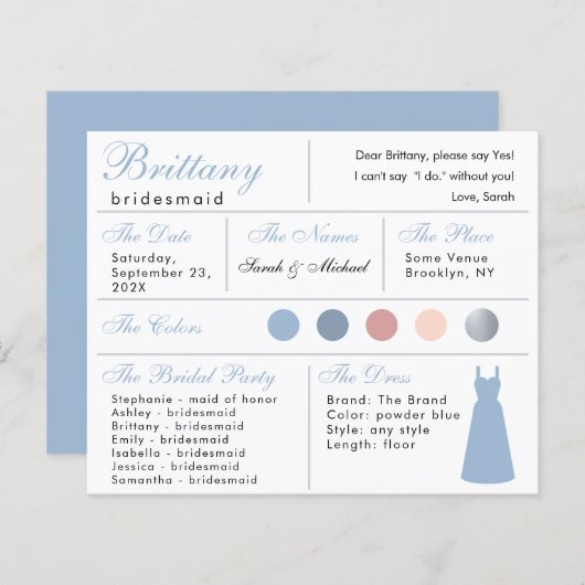 Poederblauw Zilver Bruidsmeisje Informatie Kaart (Voorkant / Achterkant)