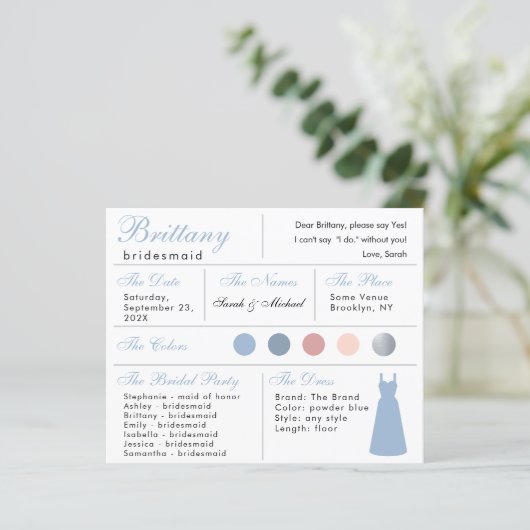 Poederblauw Zilver Bruidsmeisje Informatie Kaart (Staand voorkant)