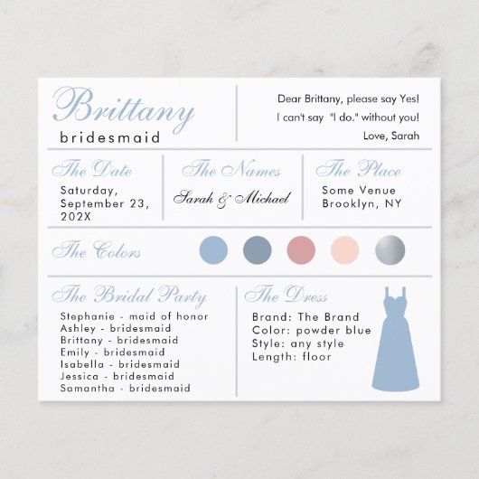 Poederblauw Zilver Bruidsmeisje Informatie Kaart (Voorkant)