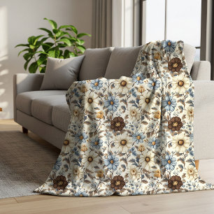 Poederblauwe bloemen bruine bloemen Boho chic warm Sherpa Deken