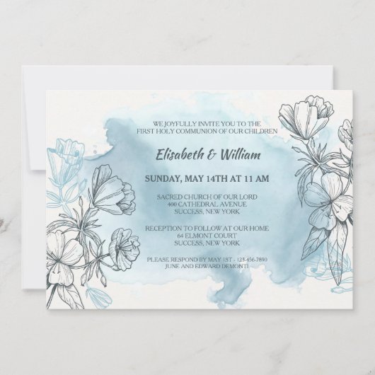 Poederblauwe Bloemen Uitnodiging (Voorkant)