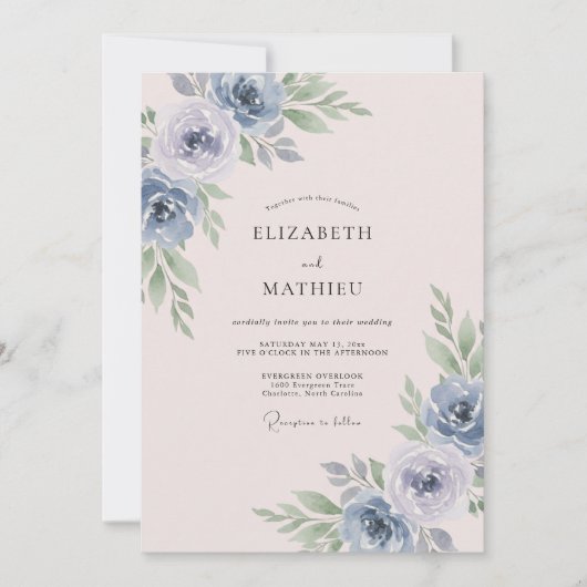 Poederblauwe Blush Bloemen Bruiloft Kaart (Voorkant)