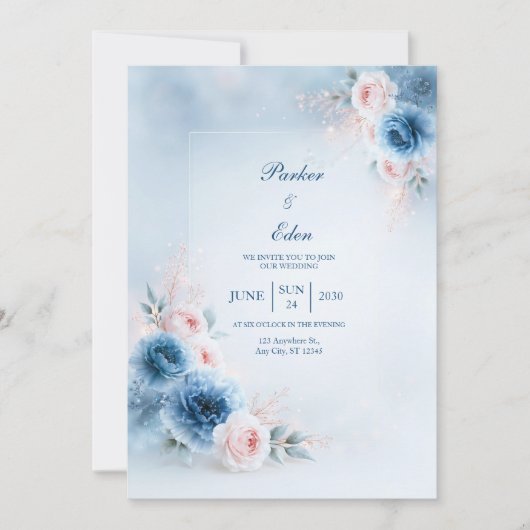 Poederblauwe Blush Bloemenframe Bruiloft Kaart (Voorkant)