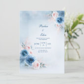 Poederblauwe Blush Bloemenframe Bruiloft Kaart (Staand voorkant)