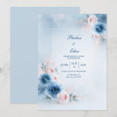 Poederblauwe Blush Bloemenframe Bruiloft Kaart (Voorkant / Achterkant)
