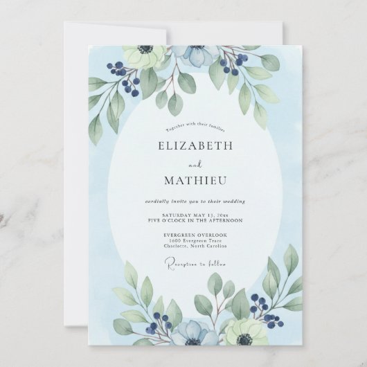 Poederblauwe Bruiloft met Eucalyptusblad Kaart (Voorkant)