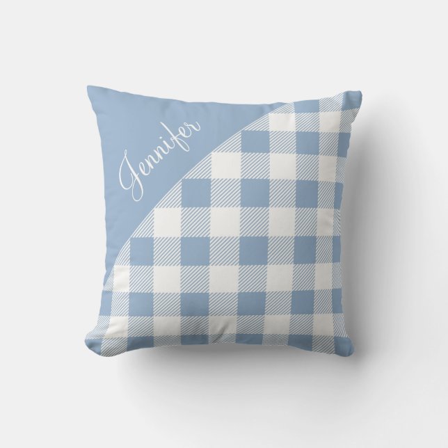 Poederblauwe Buffalo Plaid Check Patroon Naam Kussen (Voorkant)