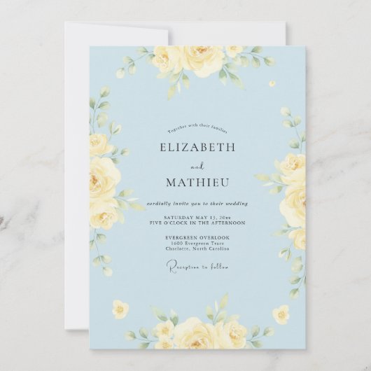 Poederblauwe Delicate Rozen Bruiloft Kaart (Voorkant)