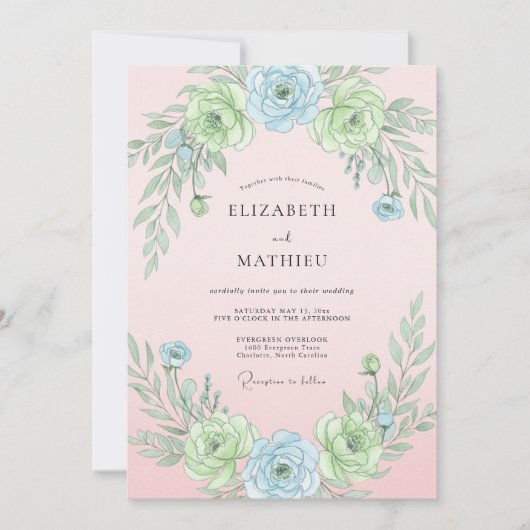 Poederblauwe Ethische Botanische Bruiloft Kaart (Voorkant)