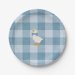 Poederblauwe Gingham Gans Babyshower Geruit Papieren Bordje