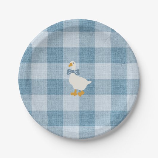 Poederblauwe Gingham Gans Babyshower Geruit Papieren Bordje (Voorkant)