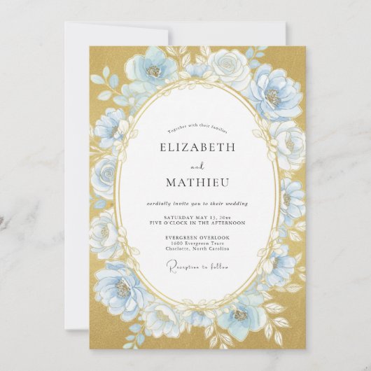 Poederblauwe Gouden Rozen Bruiloft Kaart (Voorkant)