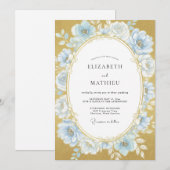 Poederblauwe Gouden Rozen Bruiloft Kaart (Voorkant / Achterkant)
