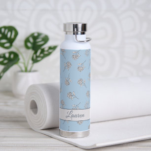 Poederblauwe Hortensia Bloempatroon Monogram Waterfles