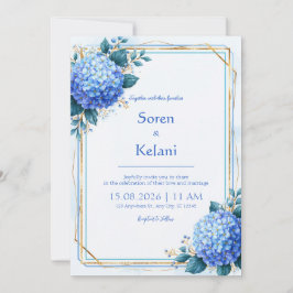 Poederblauwe Hortensia Gouden Frame Trouwkaart Kaart
