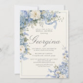 Poederblauwe Hydrangea Ivoor Monogram Bruidsfeest Kaart (Voorkant)