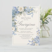 Poederblauwe Hydrangea Ivoor Monogram Bruidsfeest Kaart (Staand voorkant)