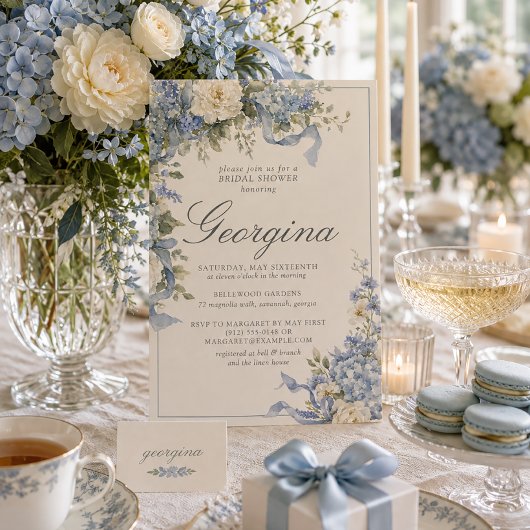 Poederblauwe Hydrangea Ivoor Monogram Bruidsfeest Kaart
