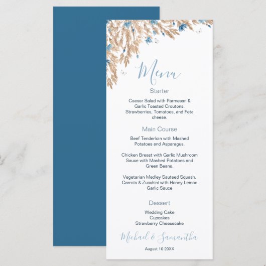 Poederblauwe landelijke velden bruiloft menu (Voorkant / Achterkant)