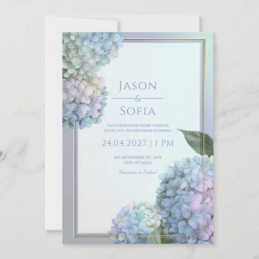 Poederblauwe Lavendel Hydrangea Gouden Frame Bruil Kaart (Voorkant)
