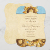 Poederblauwe Rustieke Zonnebloem Bruiloftsinvitati Kaart (Voorkant / Achterkant)