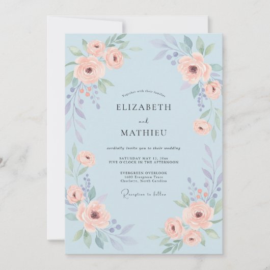 Poederblauwe Whimsical Rozen Bruiloft Kaart (Voorkant)