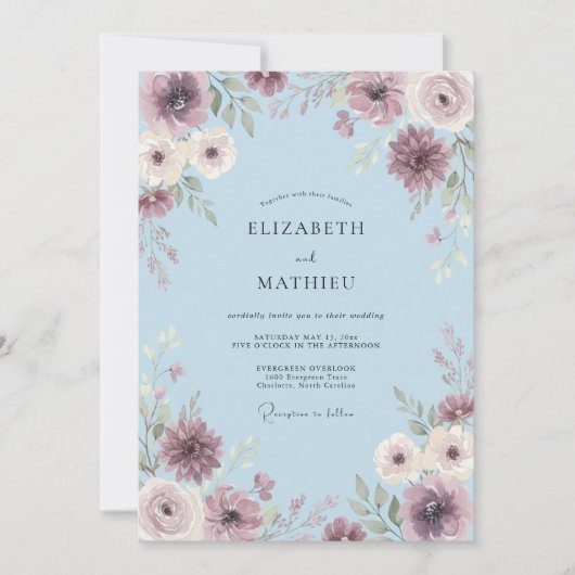 Poederblauwe zachte botanische bruiloft kaart (Voorkant)